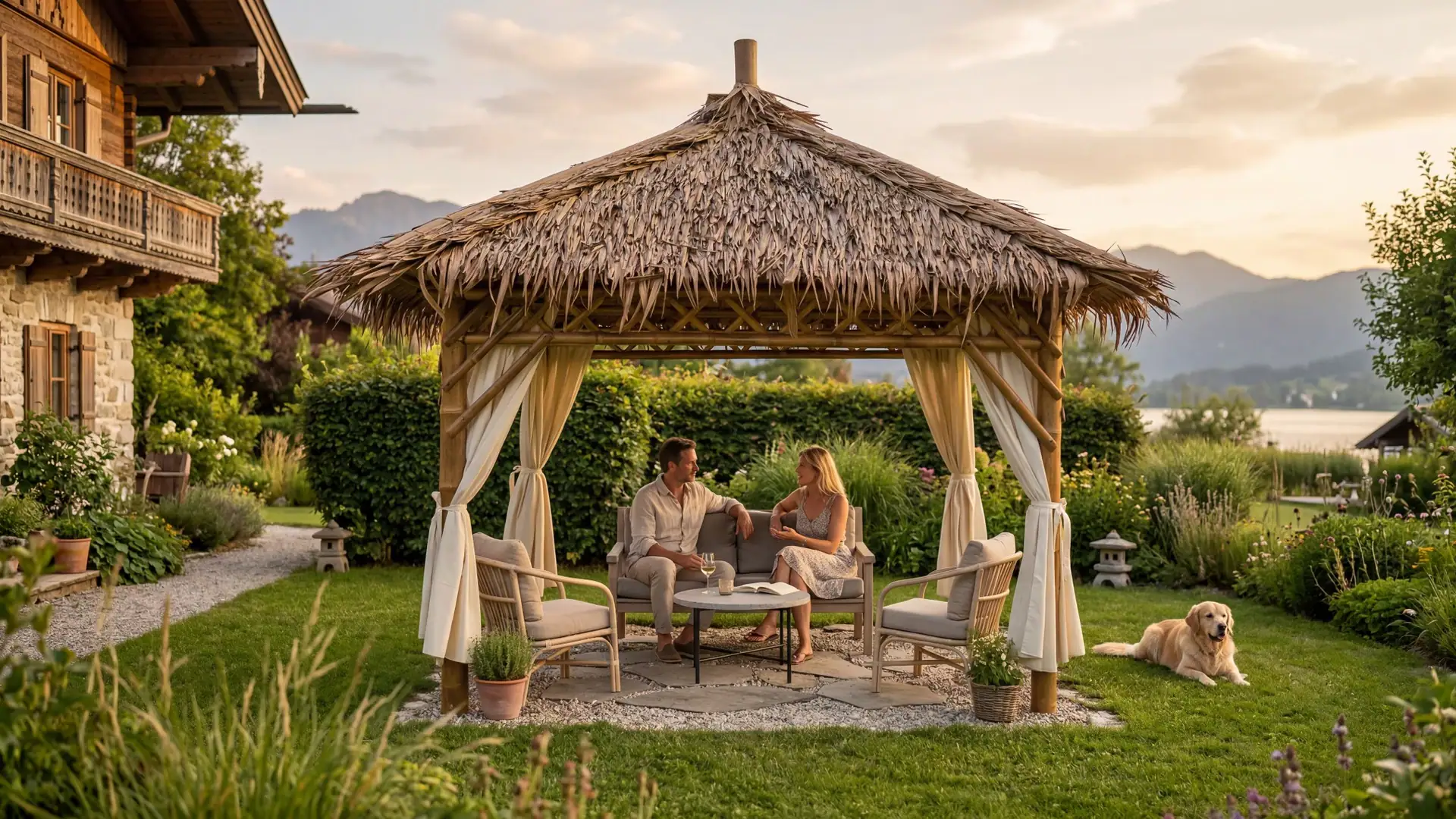 Paar sitzt unter einem regendichten Bambus-Pavillon mit Palmenblätterdach in einem Garten mit See- und Bergblick.